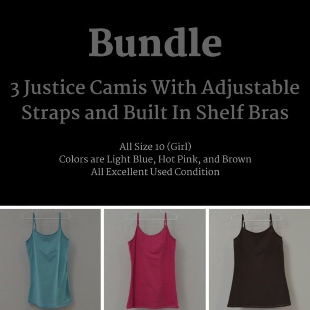 3 Justice Camis w/ Adjustable Straps & Shelf Bras